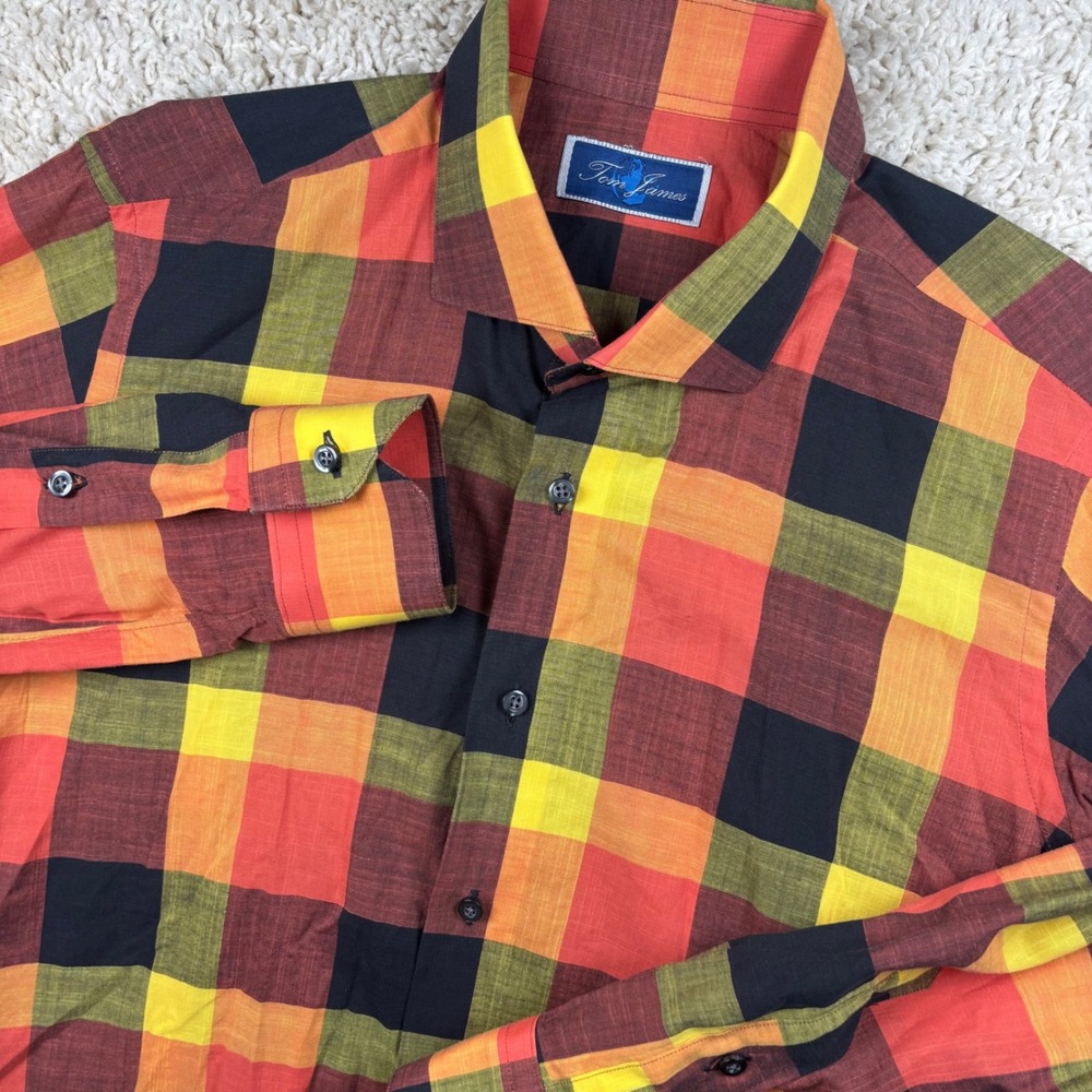 Tom James Mens Button Down Shirt Custom Orange Multicolor Plaid USA Made‎ Luxury